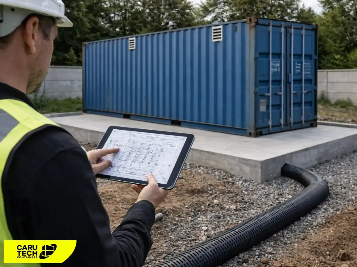 Bauingenieur mit Tablet überprüft Fundamentplan vor einem auf Betonplatte installierten Seecontainer, sichtbar sind Drainagerohr und vorbereiteter Untergrund auf einer Baustelle.