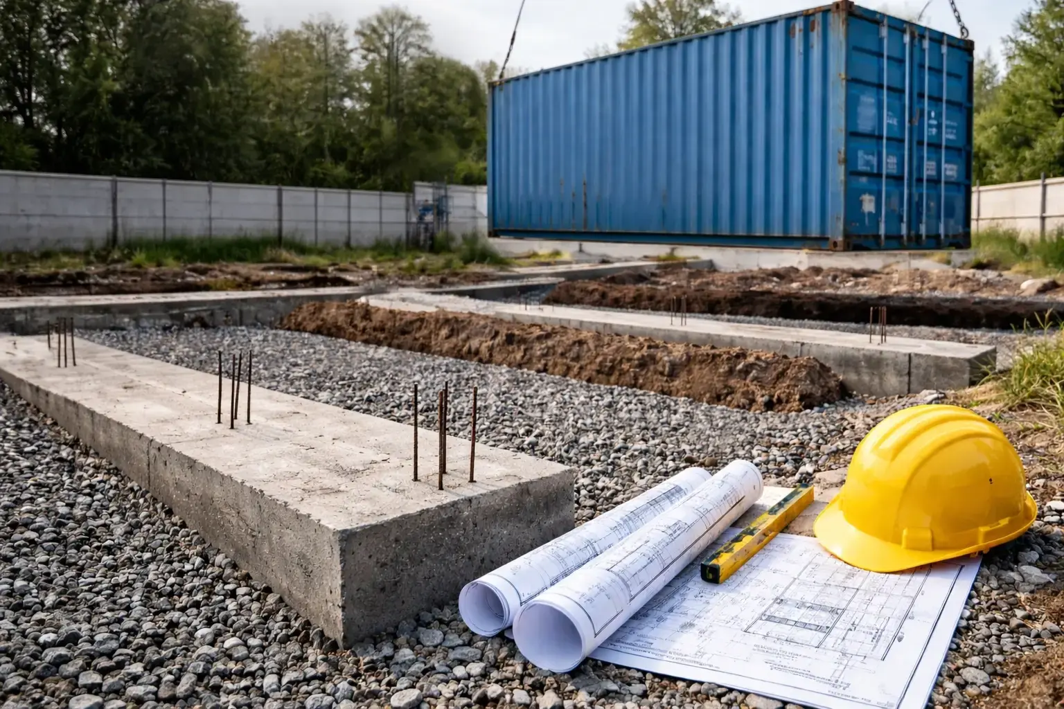 Baustelle mit vorbereiteten Betonfundamenten und Bewehrungsstahl für einen Container, daneben Baupläne und Schutzhelm, im Hintergrund wird ein blauer Seecontainer positioniert.
