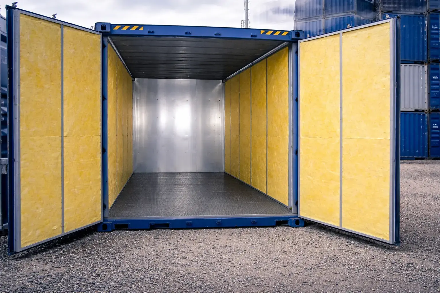 Container Dämmung im offenen Industriecontainer mit sichtbarer Innenisolierung aus Mineralwolle und metallischer Rückwand