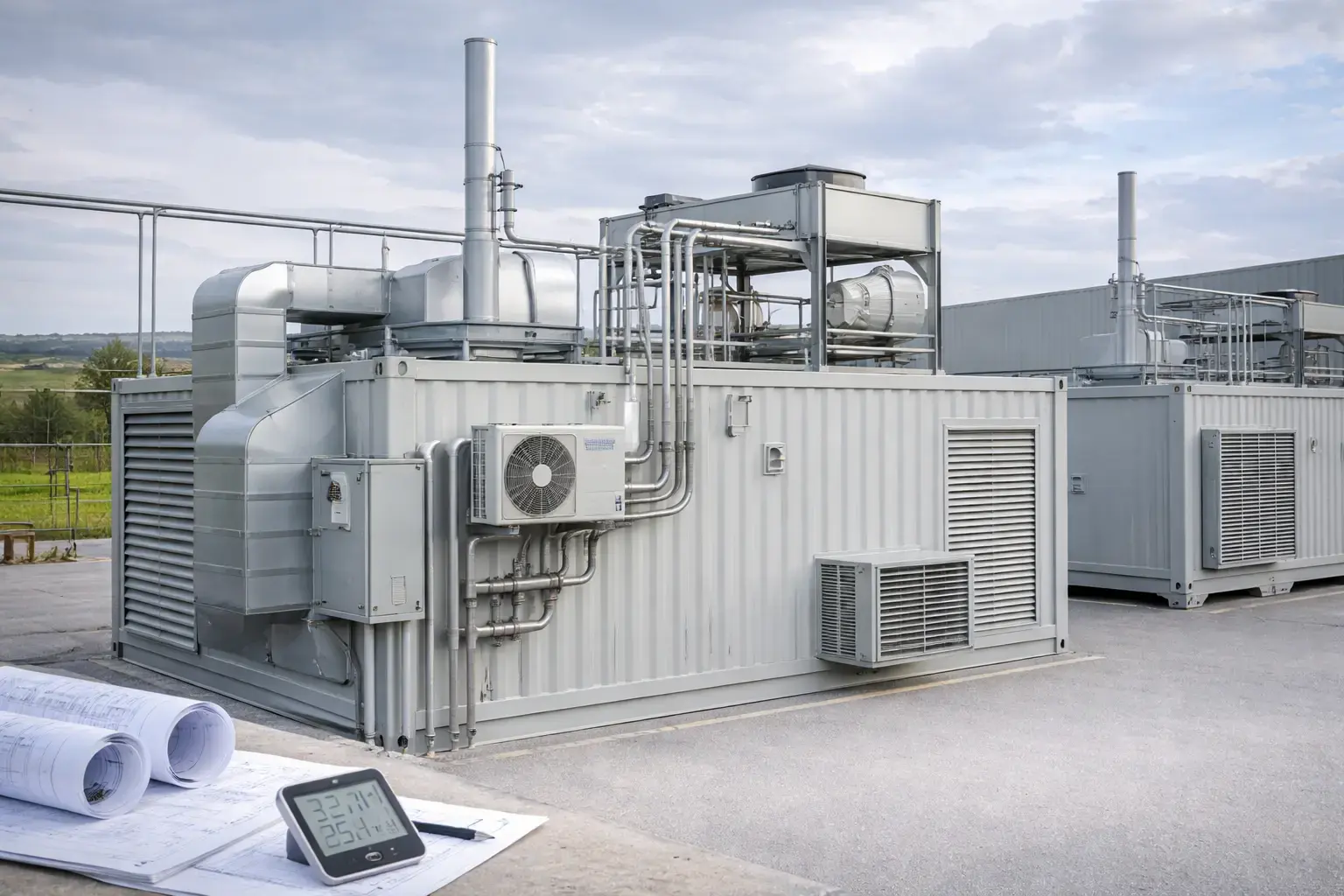 Technikcontainer mit Klimatisierungssystem, Lüftungseinheiten und Rohrleitungen zur Temperaturregelung in industrieller Umgebung